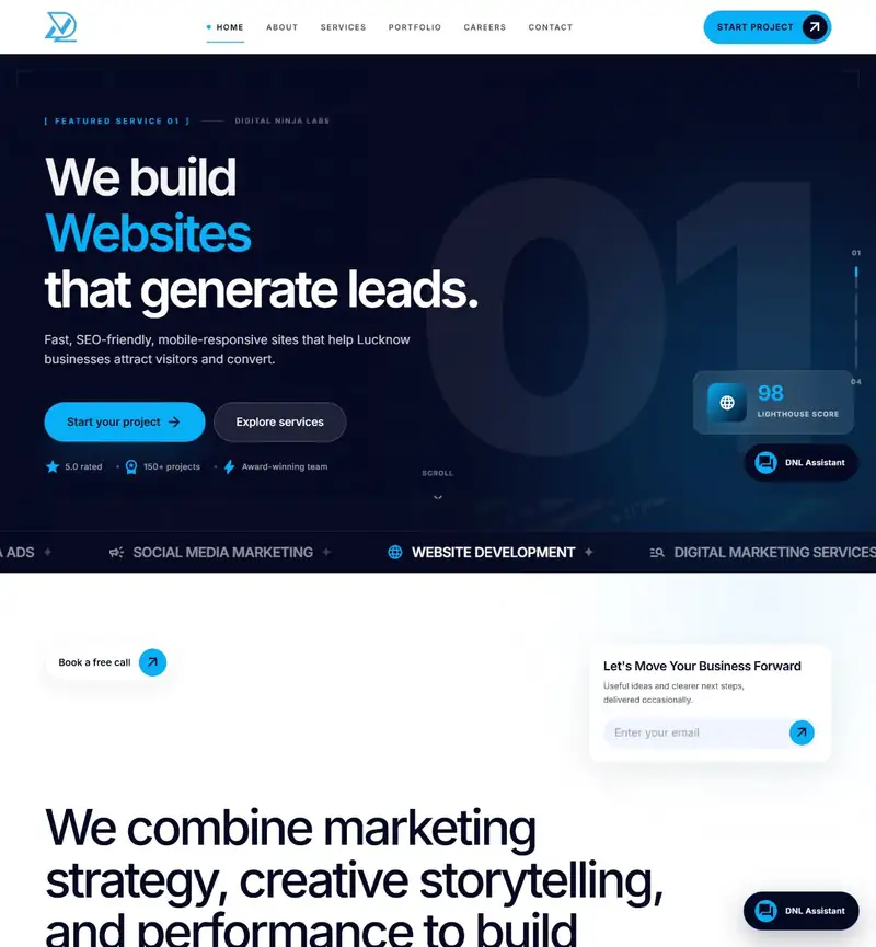 Digital Ninja Labs — scrolling view of the real website