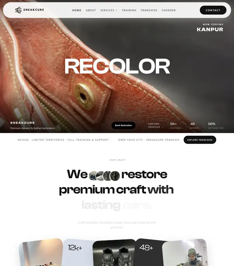 SneakCure — scrolling view of the real website